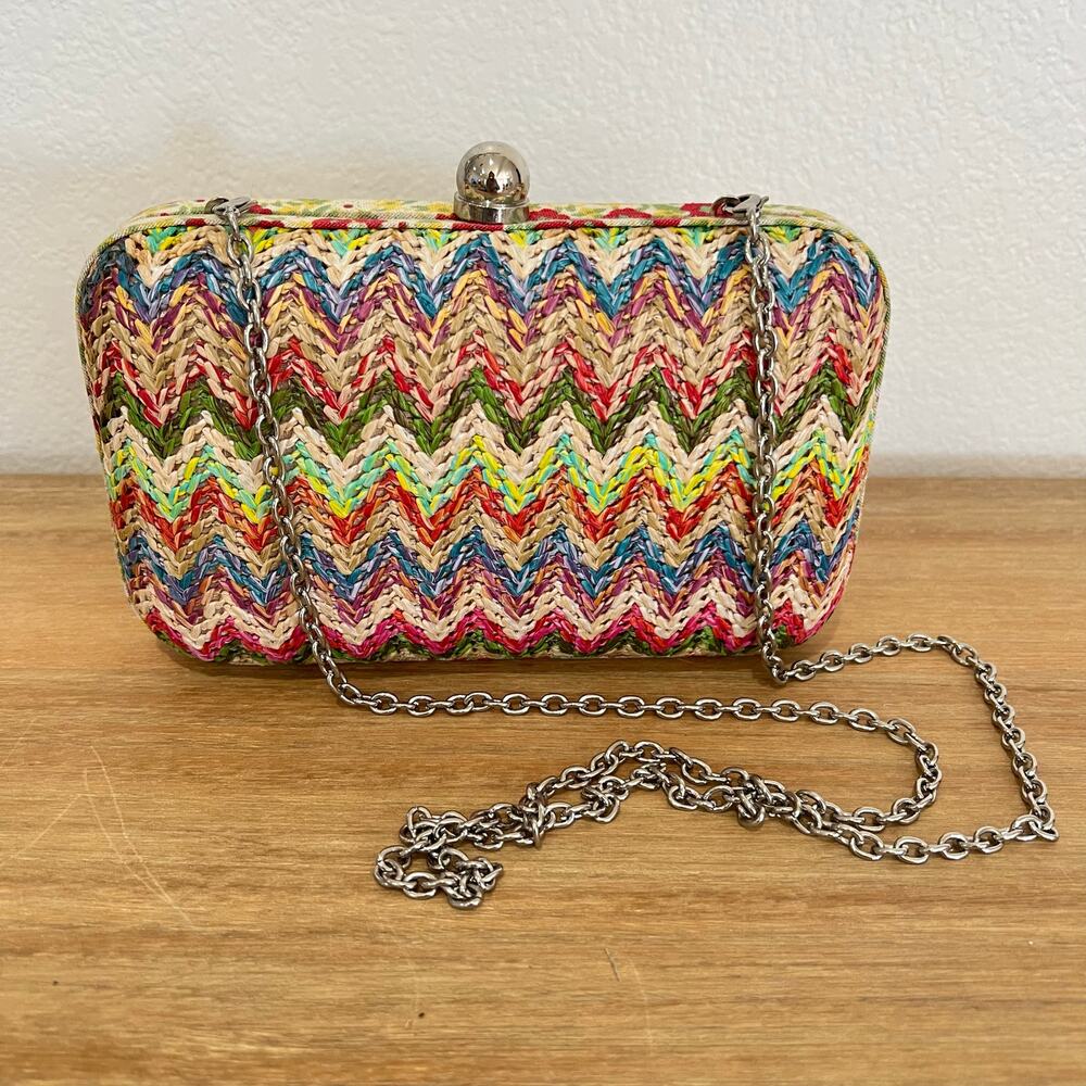 Ethel Multicolor Rainbow Chevron Woven Clutch Purse Chain Strap